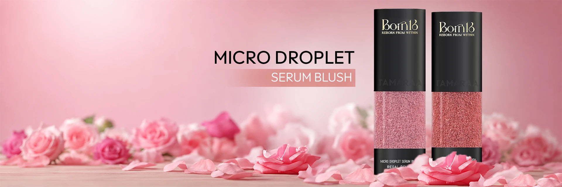 Born18 Micro Droplet Serum Blush in two shades on pink floral background. Lightweight liquid blush for a fresh, glowing complexion.