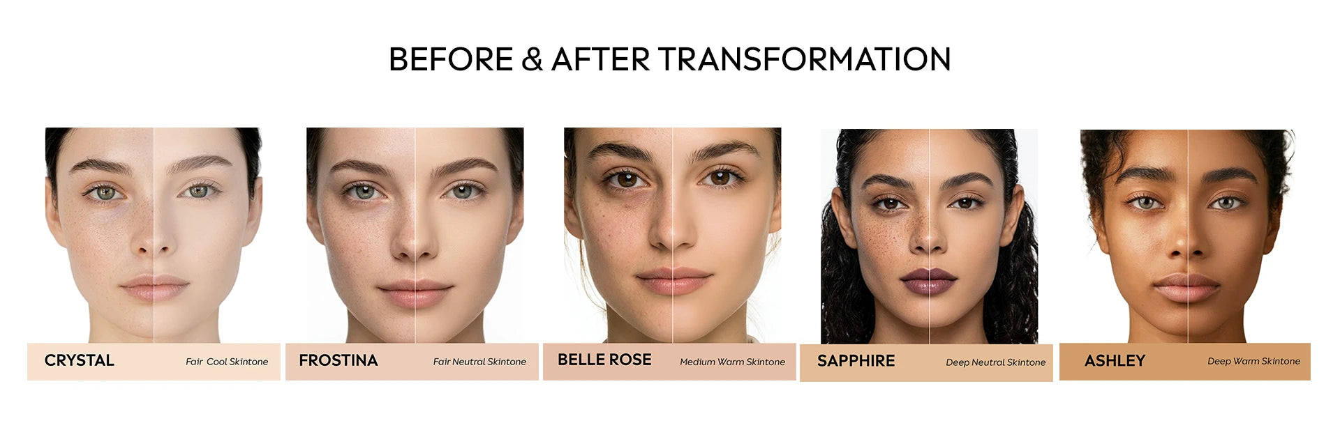 Face powder before and after comparison highlighting blurred pores, even skin tone, and lightweight matte coverage for all complexions.