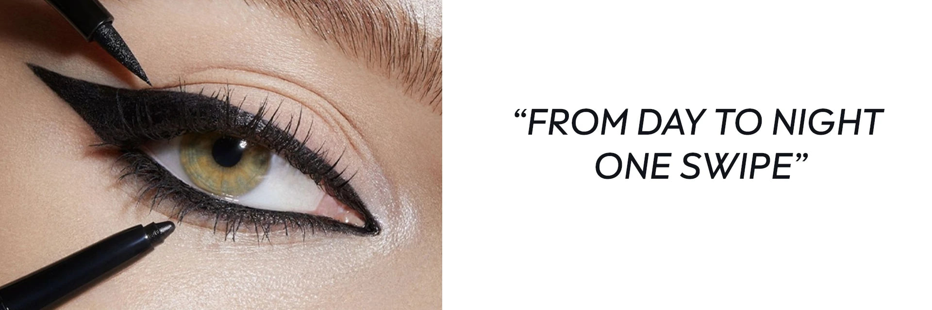 Sharp black cat-eye makeup created with a waterproof felt tip eyeliner and creamy kohl pencil for all-day wear.