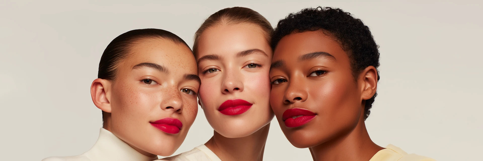 Diverse women wearing bold vibrant pink and red Born18 liquid lipstick. Beautiful inclusive beauty campaign showcasing flawless lip looks.