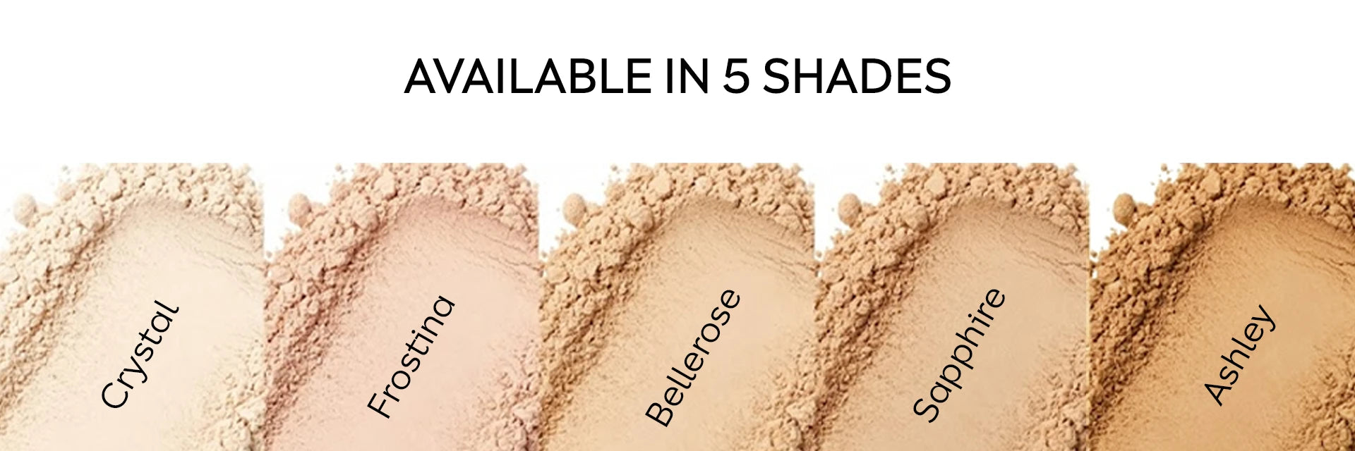 Pressed matte face powder available in five shades for fair, light, medium, tan, and deep skin tones with a natural, smooth finish.