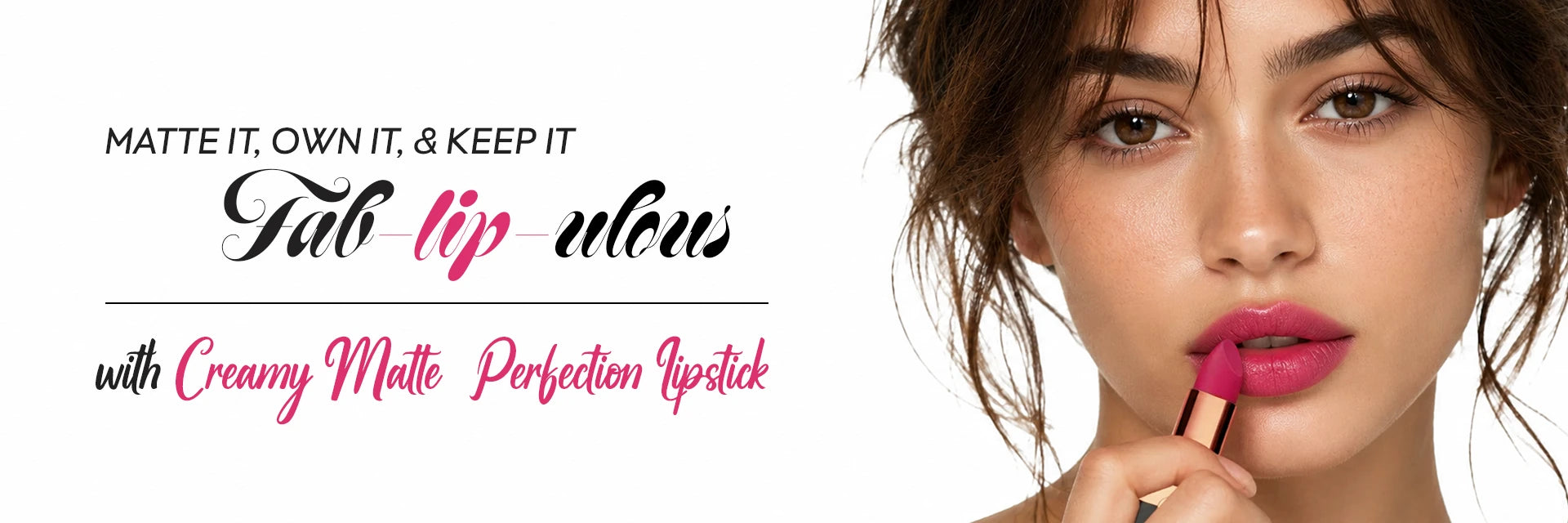 Model applying vibrant pink creamy matte lipstick, showcasing rich color payoff, smooth application, and long-lasting matte lip color.