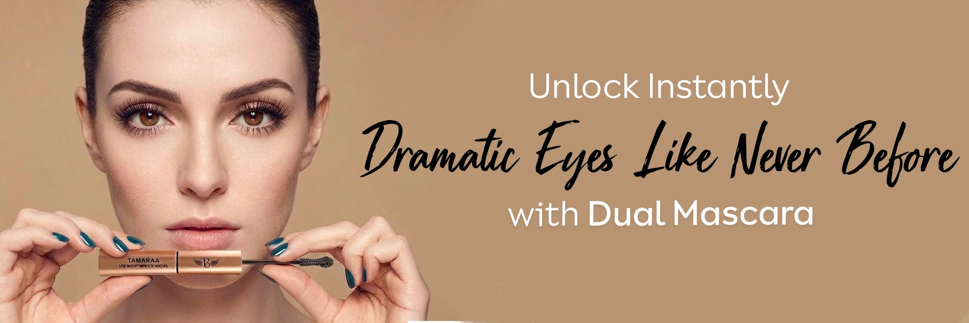 Woman with dramatic long lashes holding Born18 Tamara Dual Action Mascara. Unlock instantly dramatic eyes like never before.