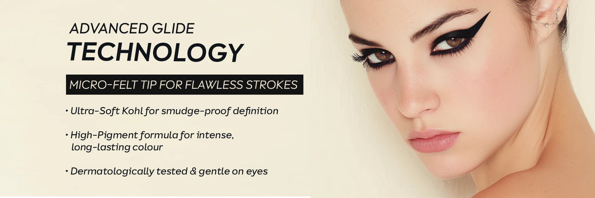 Bold cat-eye makeup showcasing a smudge-proof dual-ended eyeliner with intense black pigment and precise application.