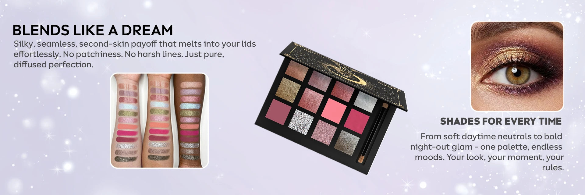 Born18 NOVA eyeshadow palette with stunning swatches and eye look. Blends like a dream with silky seamless payoff and shades for every mood.