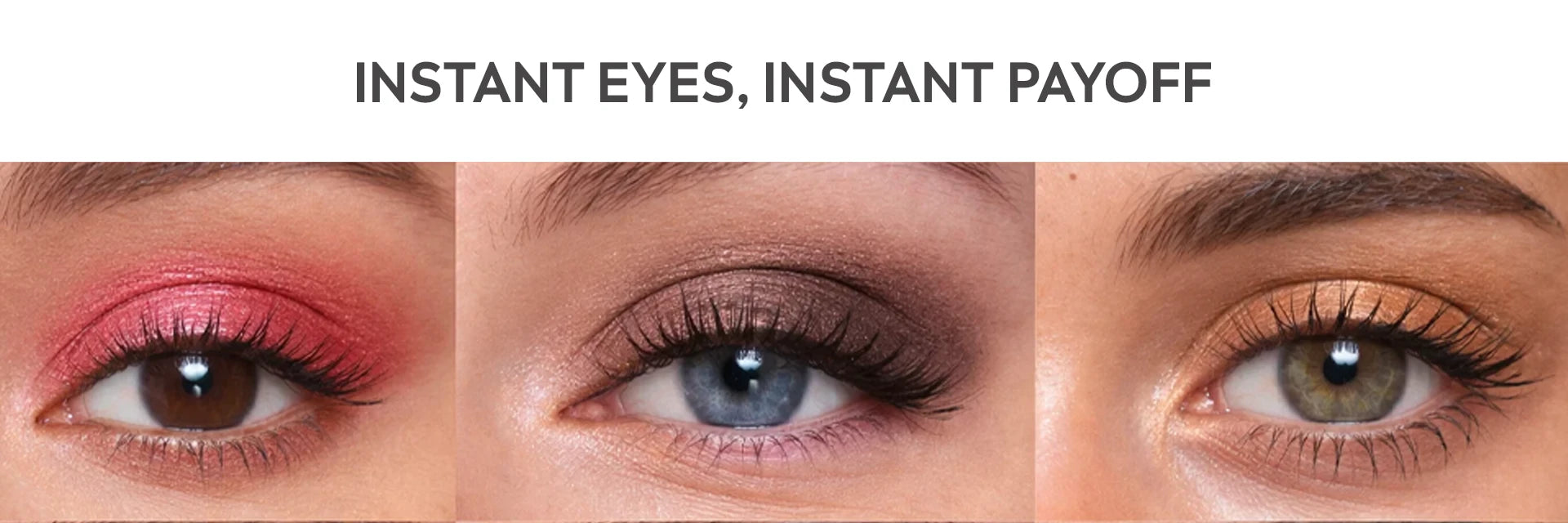 Highly pigmented eyeshadow palette delivering instant color payoff with pink, smoky, and gold eye makeup looks.