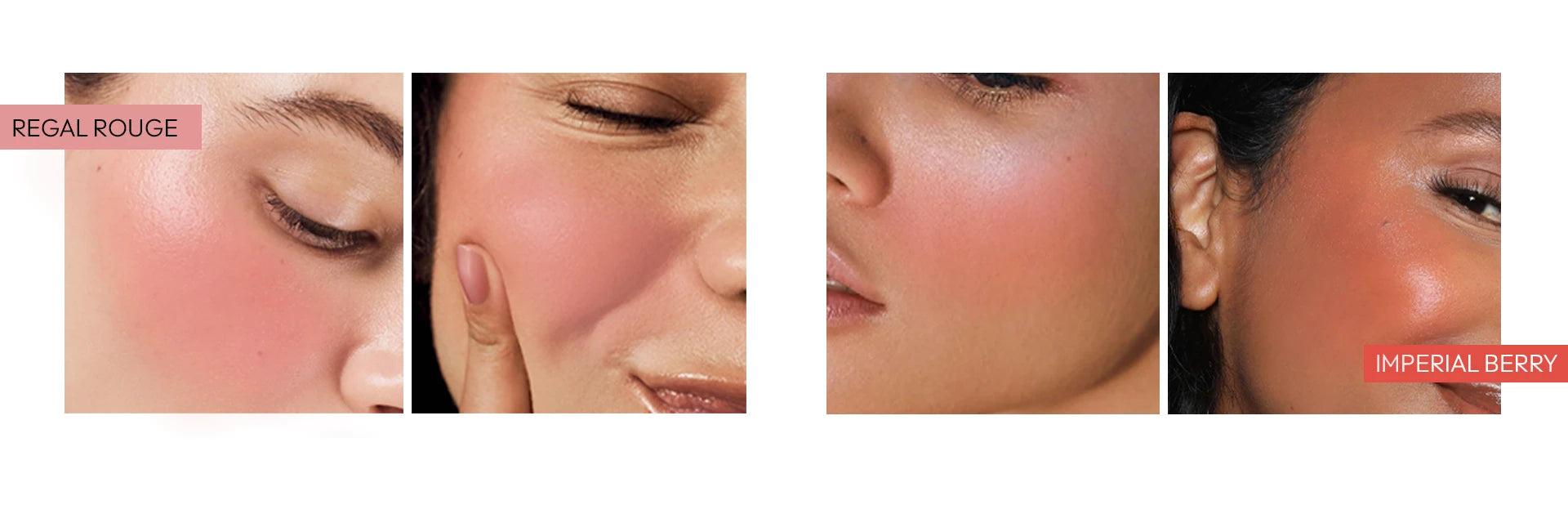 Born18 Micro Droplet Serum Blush shades: Regal Rouge and Imperial Berry. Close-up of dewy, natural flush on different skin tones.