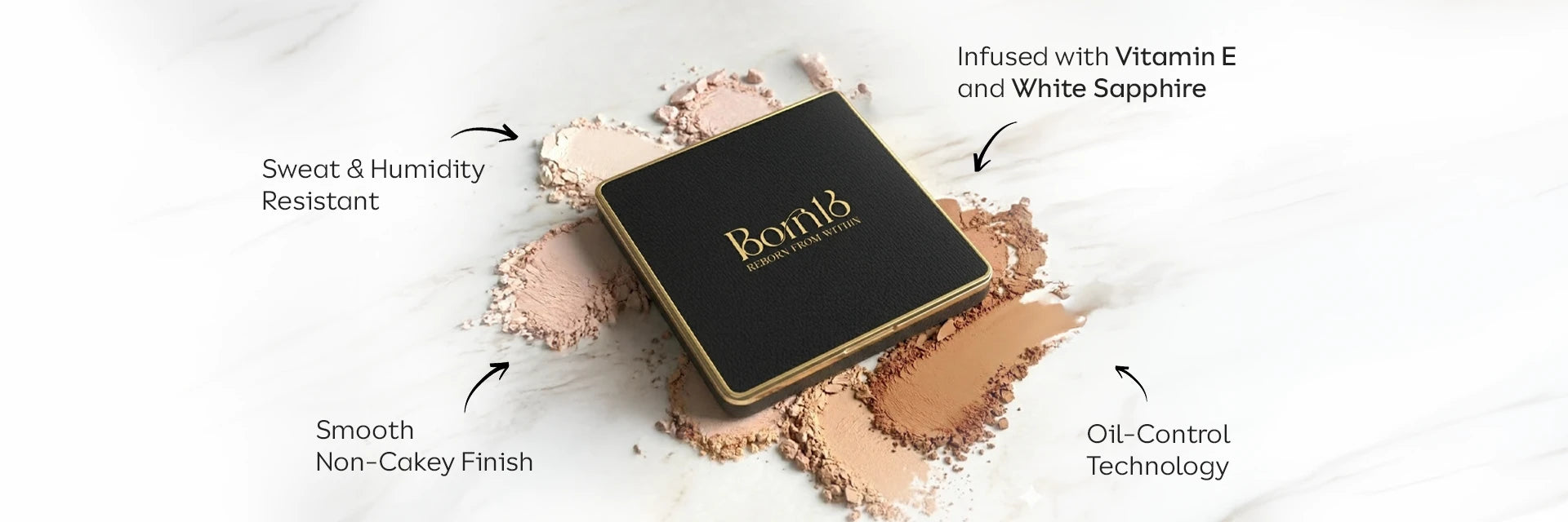 Long-lasting pressed powder with oil control, sweat-resistant formula, vitamin E, and a smooth, non-cakey matte finish.