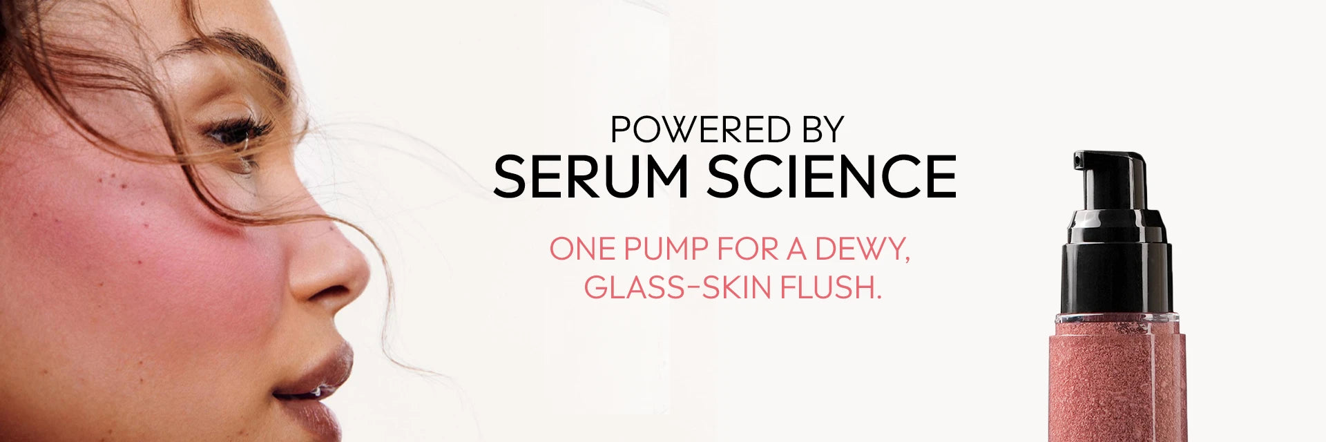 Close-up of woman with glowing glass-skin flush. Powered by serum science - Born18 Micro Droplet Serum Blush for a dewy, healthy glow.